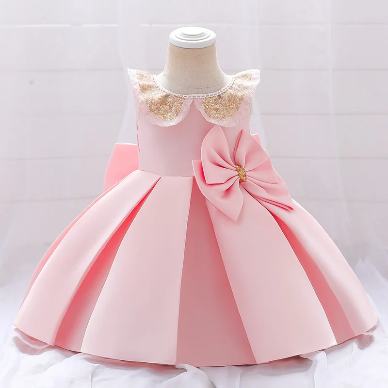 Uveng Girl Kids Clothing Baptism Bow Princess Doll Collar Sequin1 Year Baby Birthday Dress Pink Party White Children Costume