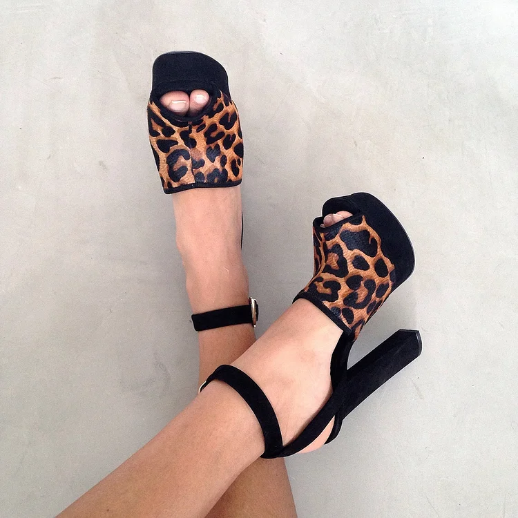 Black Leopard Peep Toe Platform Chunky Heel Ankle Strap Sandals |FSJ Shoes