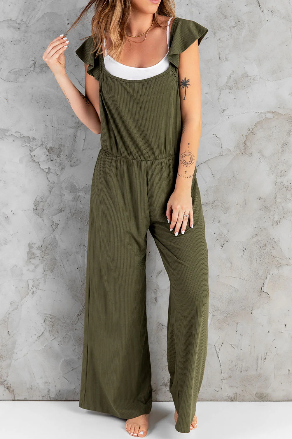 Green Flutter Sleeves Ribbed Knit Wide Leg Jumpsuit | IFYHOME