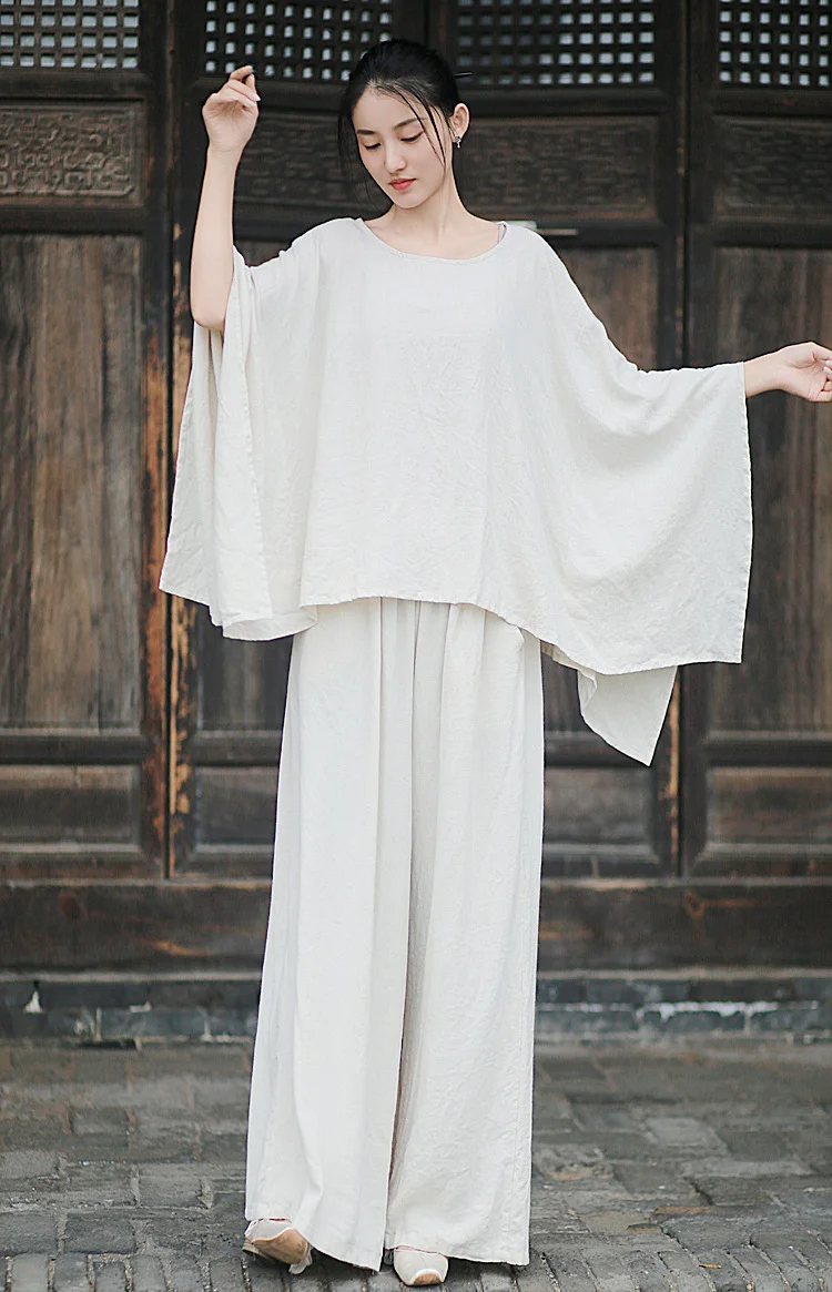 Literary Linen Irregular T-Shirt and Wide Leg Pants Set