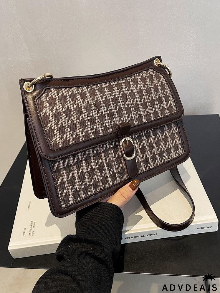 Contrast Binding Houndstooth Pattern Square Bag