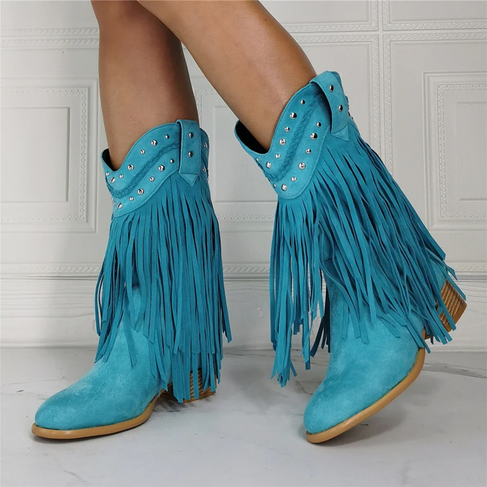 Blue Fringe Boots Low Heel Comfortable Boots Warm Women's Shoes