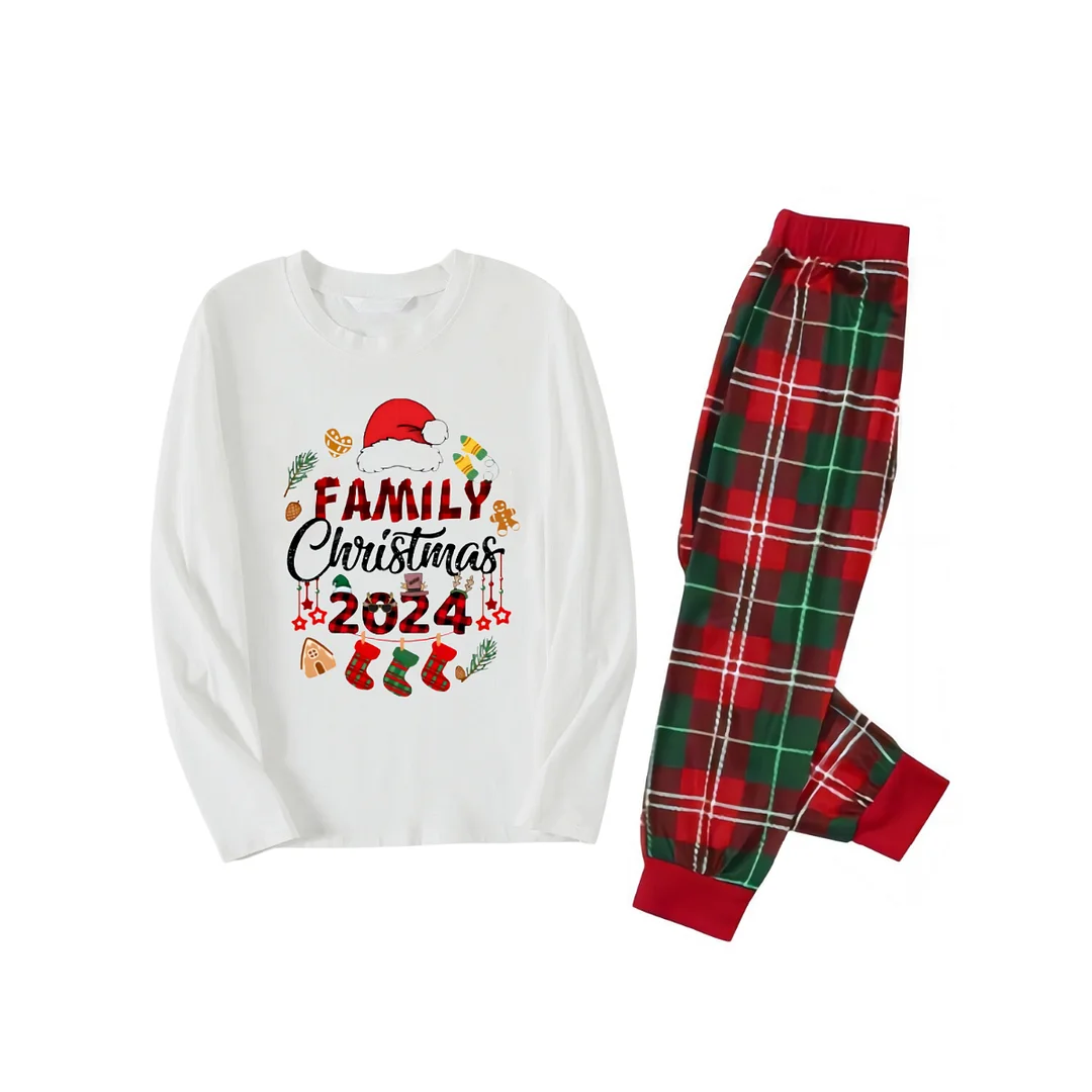 "Family Christmas 2024" and Christmas Pattern Printed Red & Green Plaid Family Matching Pajamas