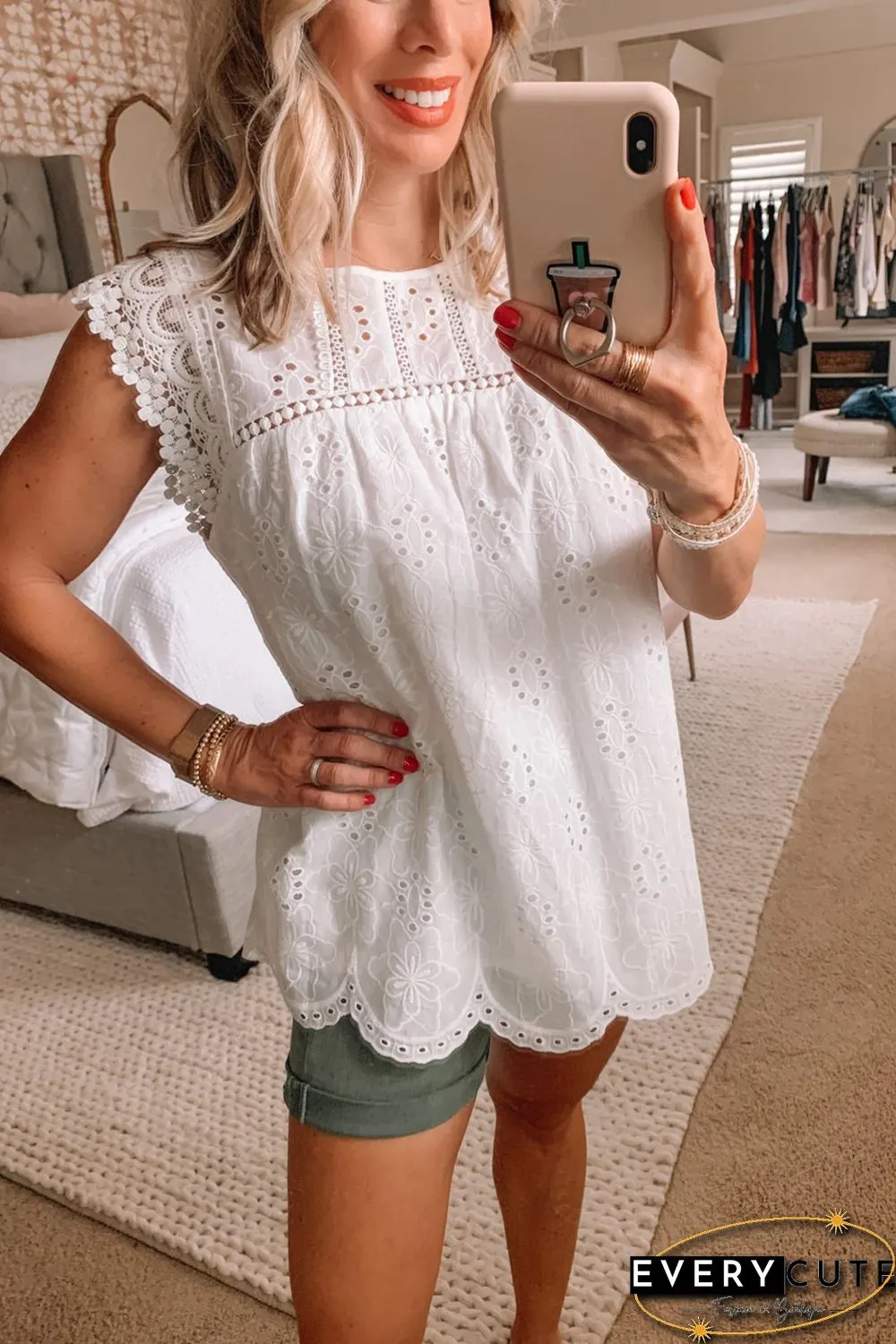 White Sleeveless Eyelet Tank Top