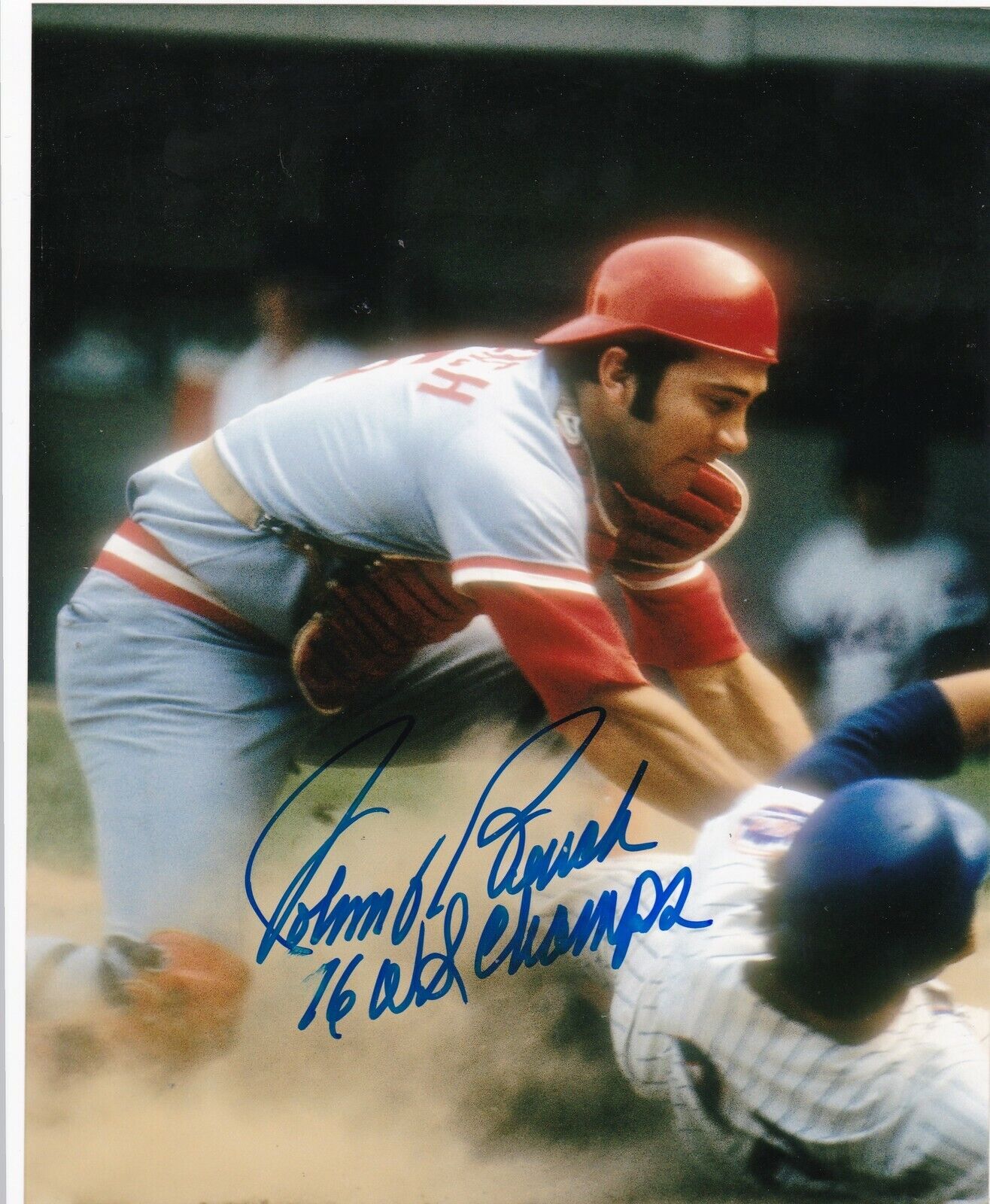 JOHNNY BENCH CINCINNATI REDS 1976 WS CHAMPS ACTION SIGNED 8x10