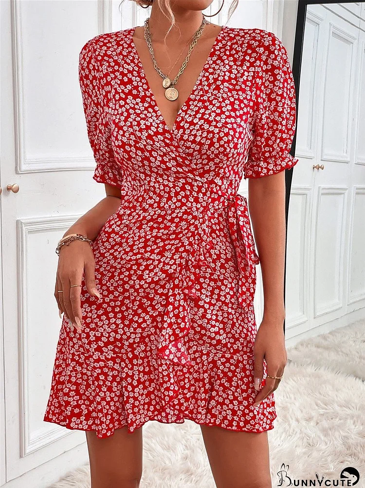 Dresses Floral Print V-Neck Belted Short Sleeve Dress for Women