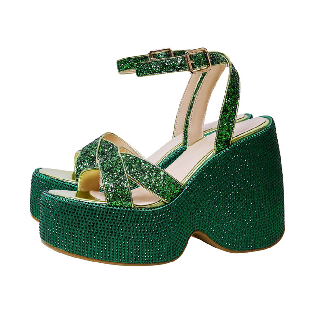 GOOSHOE Women's Rhinestone Sequins Thick High Heel Buckle Sandals Party Women's Shoes