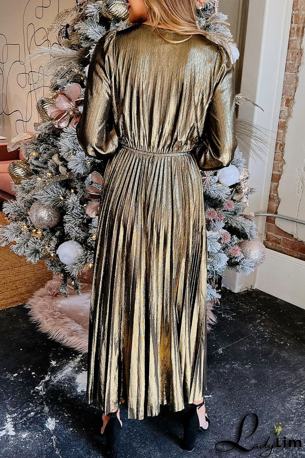 V Neck Pleated Stitching Solid Color Elegant Dress