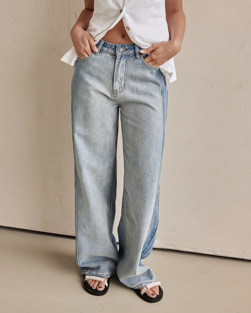 Back Contrast Color Wash High Waist Wide Leg Street Jeans