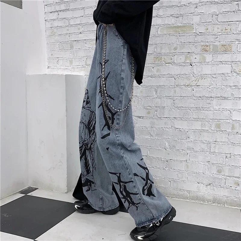 E-girl Fashion Ins Street Hiphop Printing Wash Jeans Loose Casual Denim Wide Leg Punk Y2K Pants Tide Woman Streetwear Cargo Pant