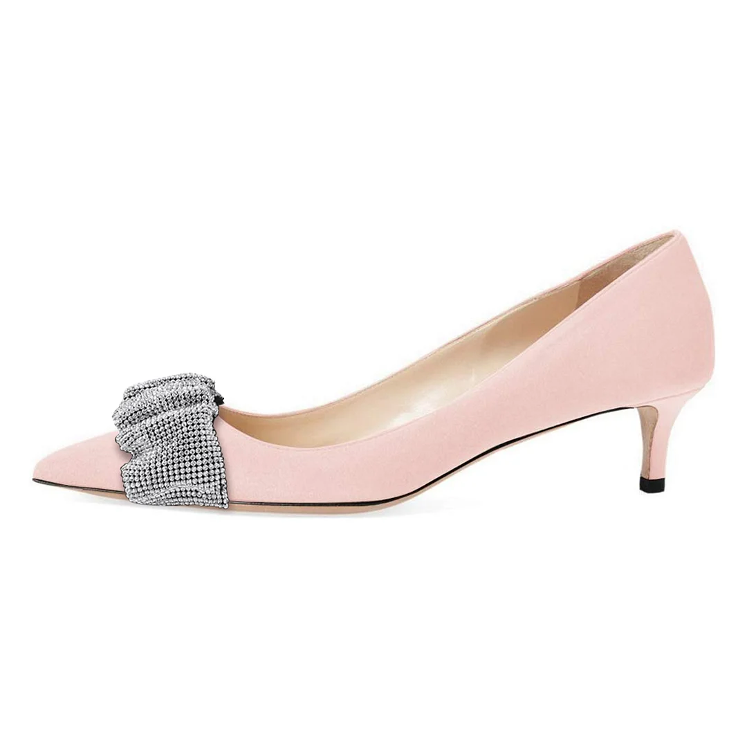 Faux Suede Pointed Toe Rhinestone Embellished Classy Pumps in Pink