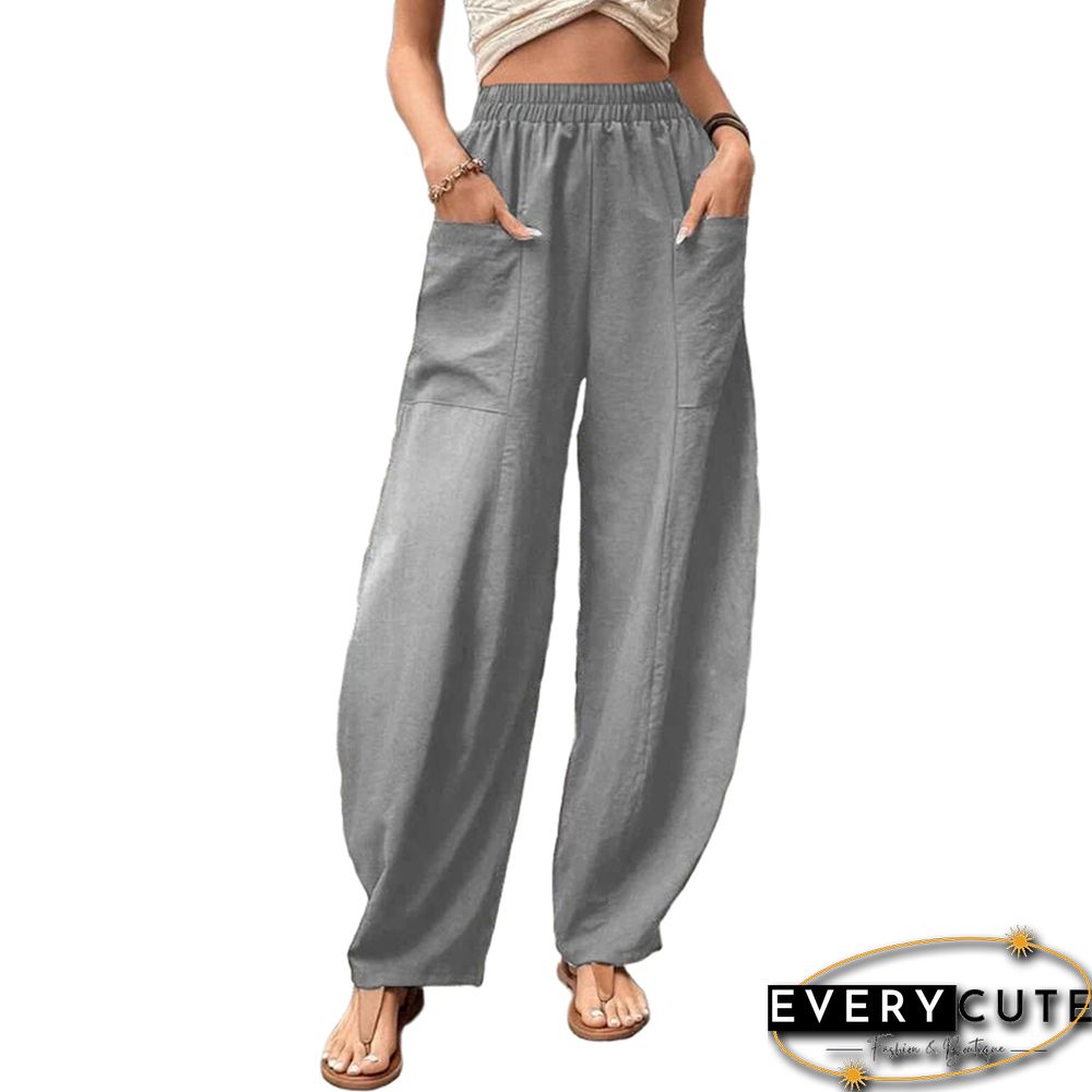 Gray Solid Elastic Waist Pocket Casual Pants