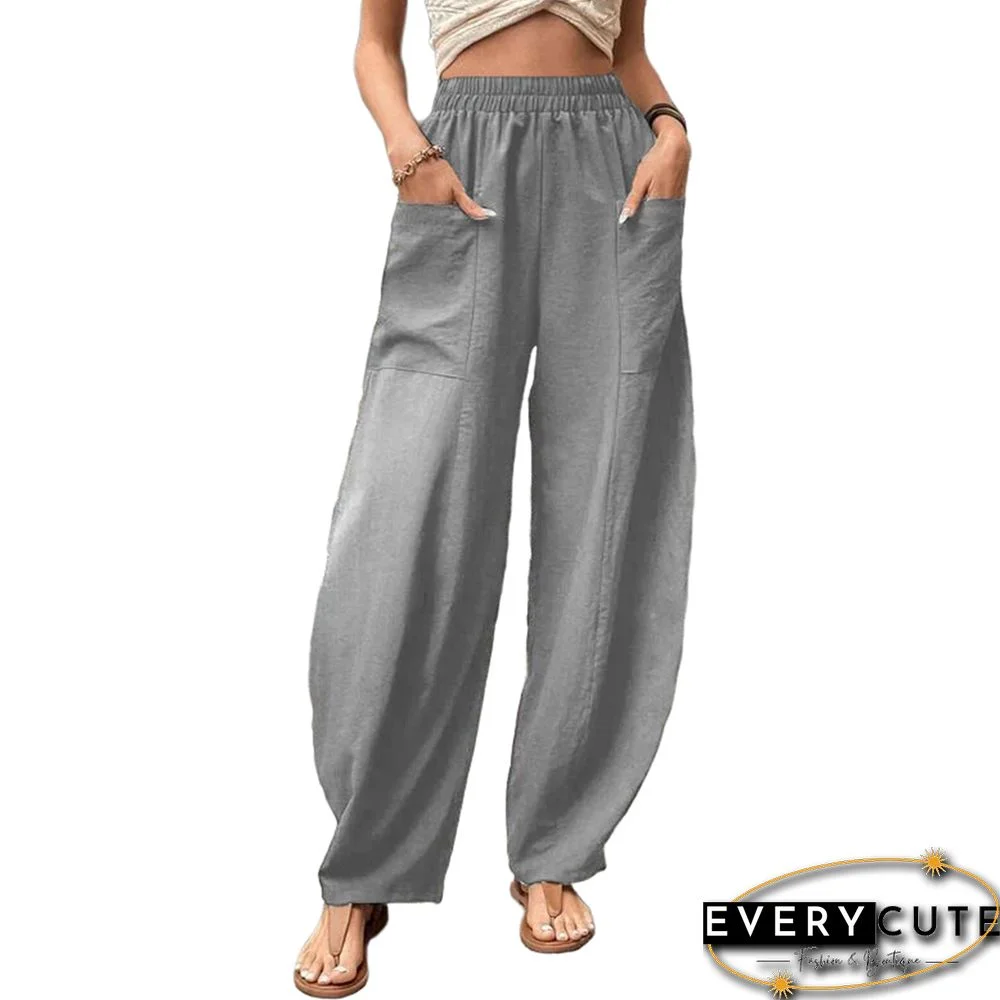 Gray Solid Elastic Waist Pocket Casual Pants