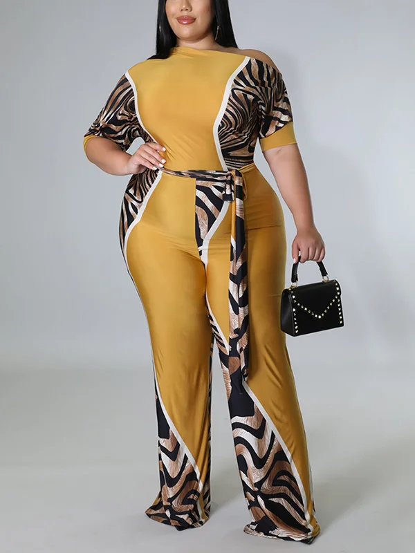 Leopard Tied Waist Half Sleeves High Waisted One-shoulder Jumpsuits