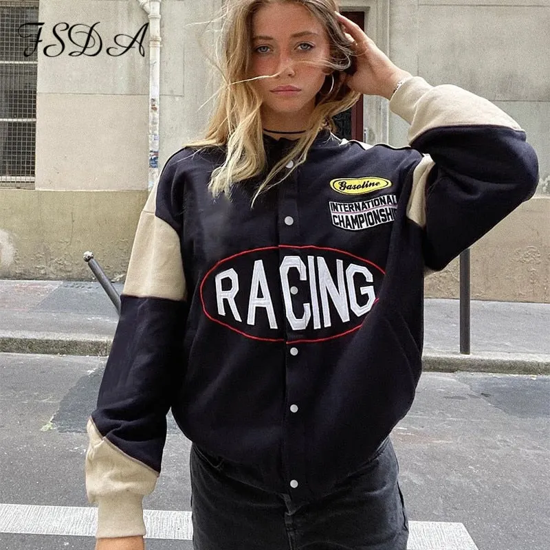 FSDA Oversized Baseball Jackets Varsity Women Black 2021 Autumn Winter Long Sleeve Y2K Fashion Vintage Coat Bomber Loose