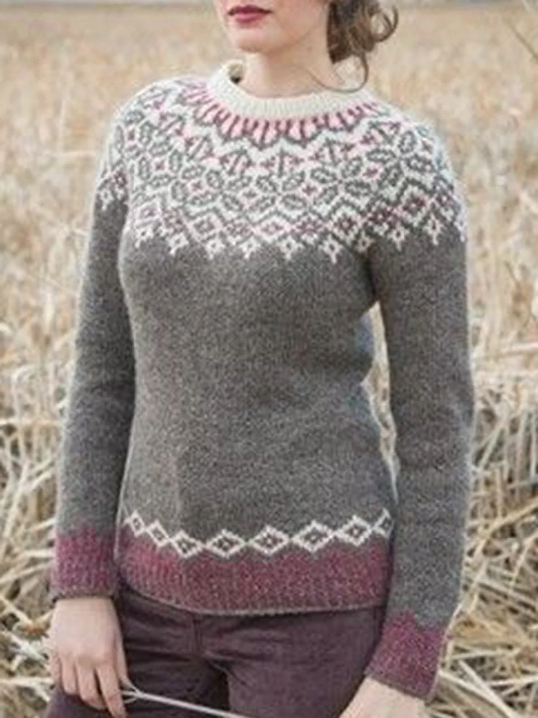 Knitted Geometric Crew Neck Long Sleeve Sweater | EGEMISS