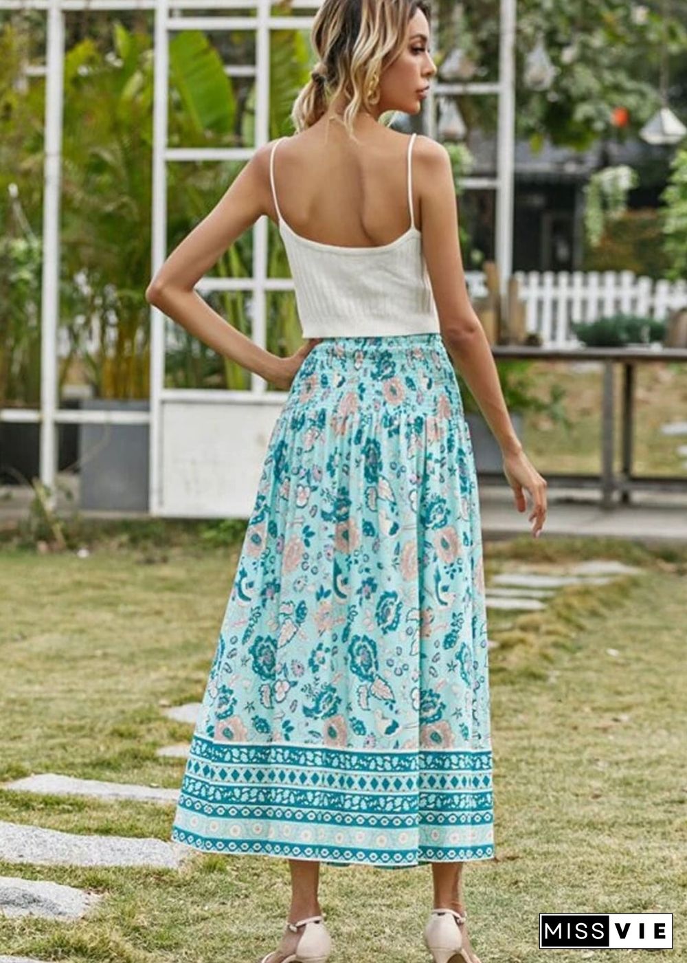 Boho Skirts in Smocked Waist, Bird Garden in Blue For Women