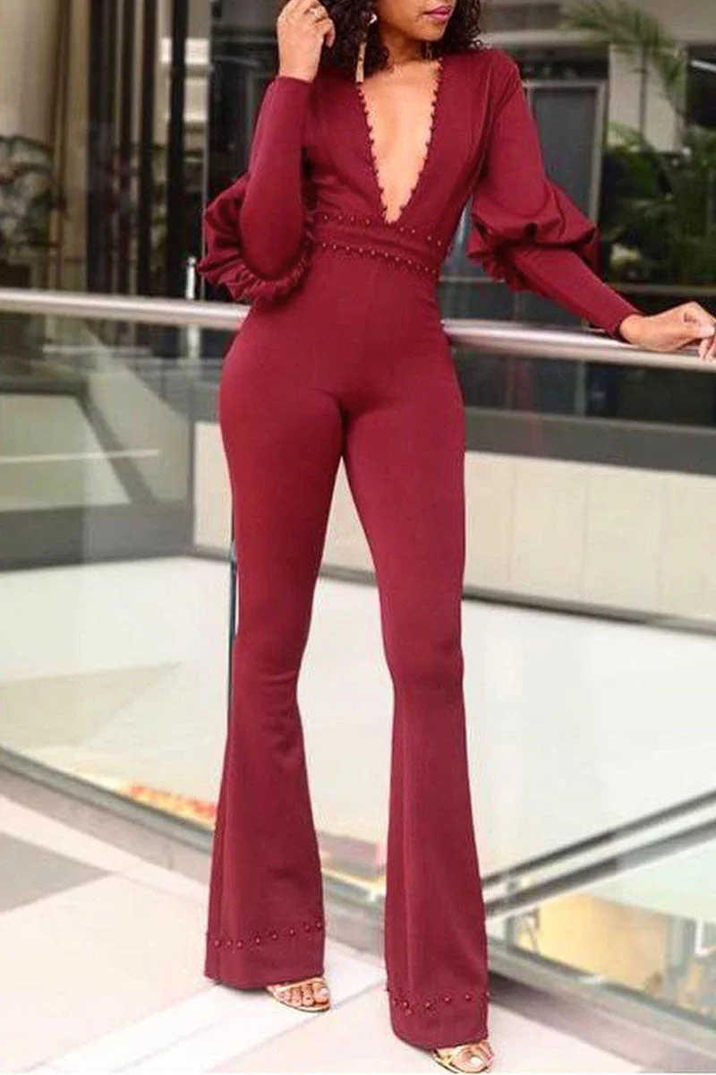 Sexy Solid Split Joint Beading V Neck Regular Jumpsuits