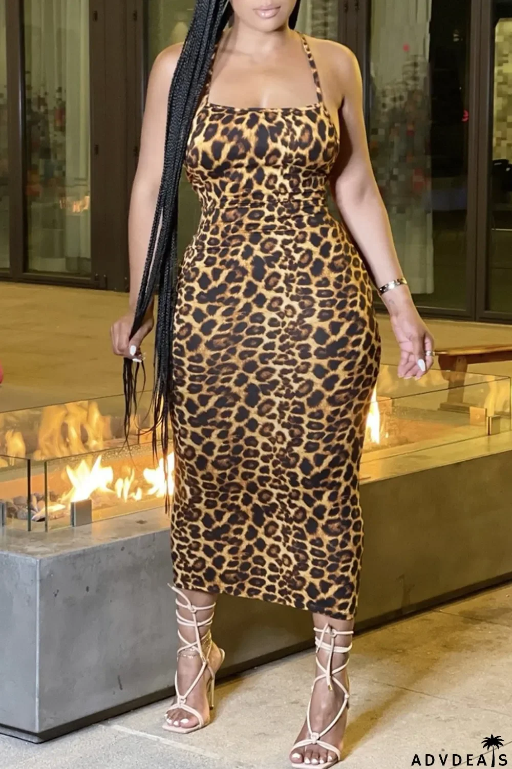 Yellow Fashion Sexy Print Leopard Backless Spaghetti Strap Sleeveless Dress