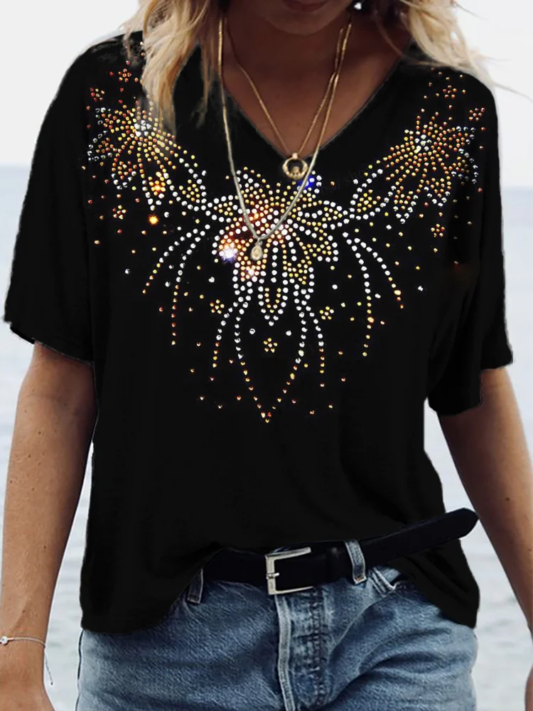 Vintage Flower Glitter Art Graphic V Neck T Shirt