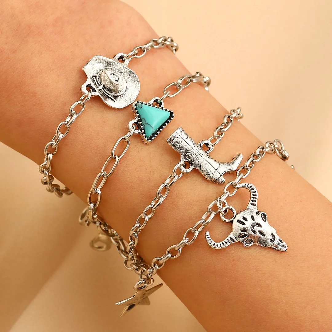 Faux Turquoise Bracelet Cowboy Hat Cowboy Boots Bracelet Set