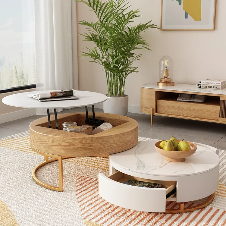 Homemys Modern Round Lift-Top nesting Tea Table White 360 rotating storage side Coffee Table