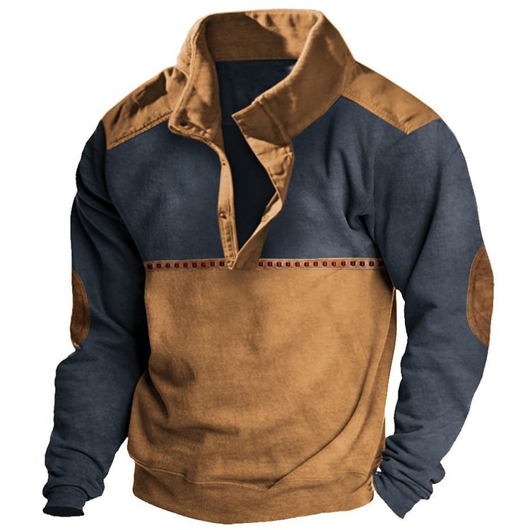 BrosWear Open Button Stand Collar Retro Color Block Casual Sweatshirt