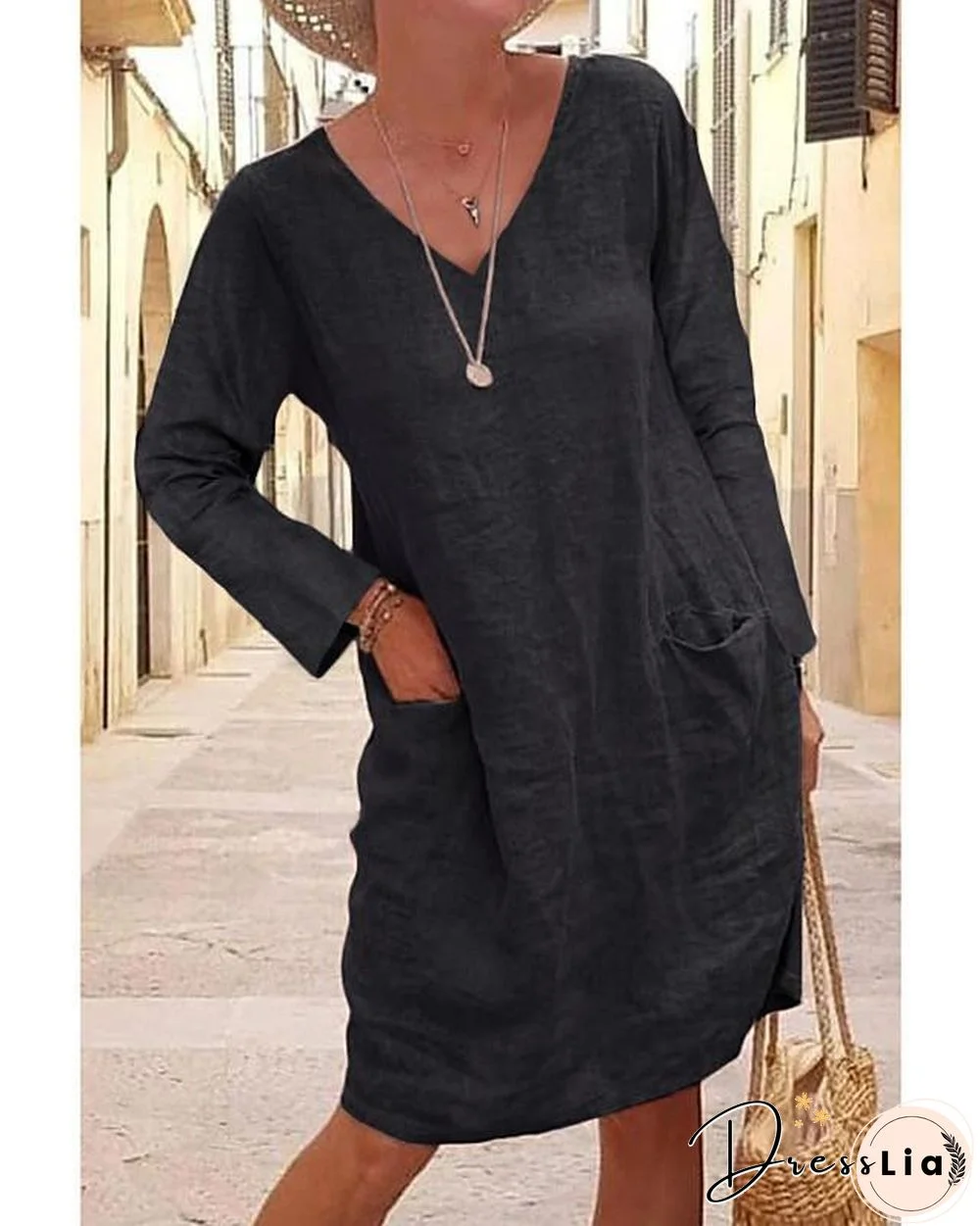 Women's T Shirt Dress Tee Dress Knee Length Dress - Long Sleeve Solid Color Pocket Summer V Neck Hot Casual Holiday Loose  Black Yellow Khaki Gray Light Blue S M L XL XXL 3XL 4XL 5XL Linen