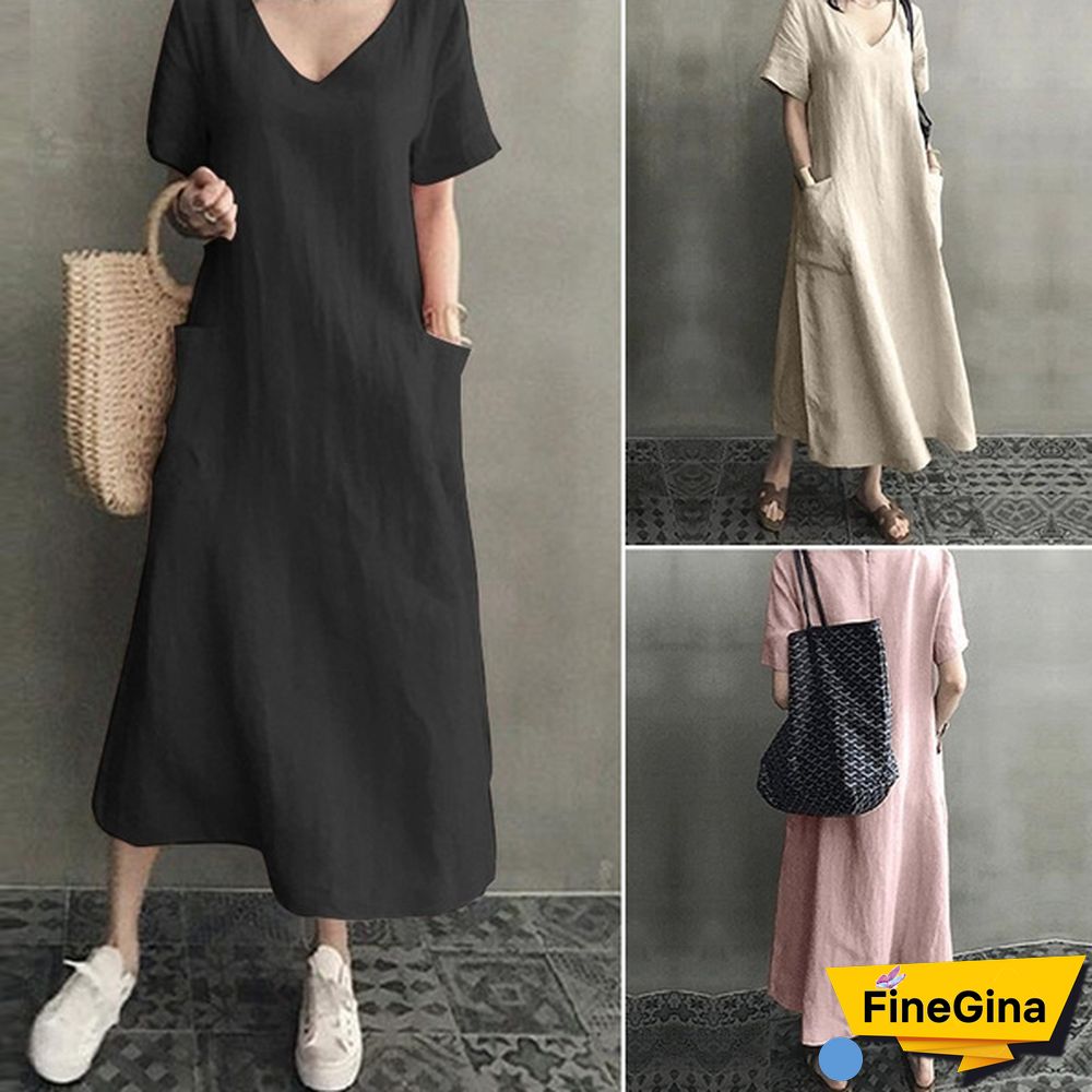 Women V Neck Short Sleeve Dress With Pockets Dress Summer Dress Loose Mid-calf Dress