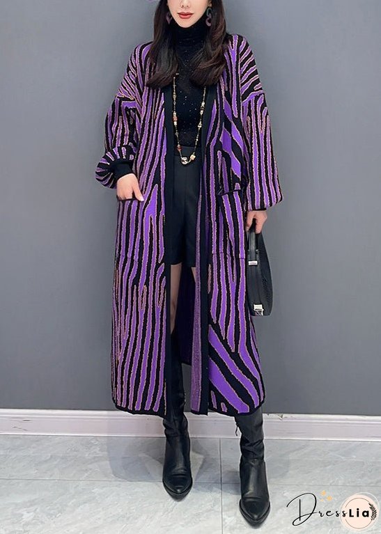 Women Purple Striped Pockets Patchwork Knit Long Cardigan Fall
