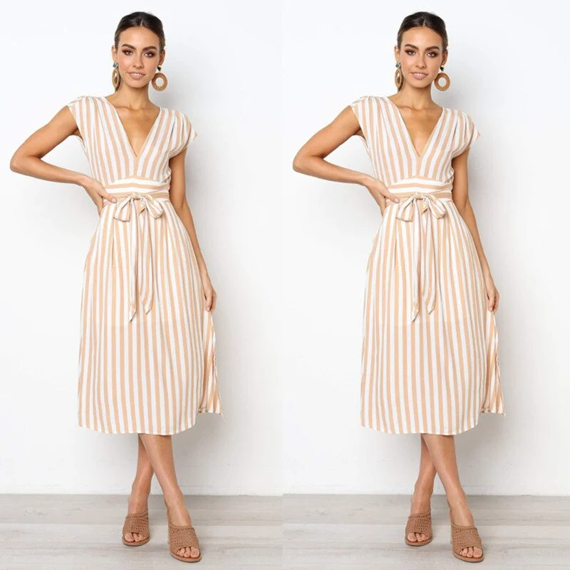 Leosoxs 2021 Summer Sexy Deep V Neck Sleeveless Women's Dress New Fashion Casual Solid Buttons Belt Bodycon Ladies Stripe Dress