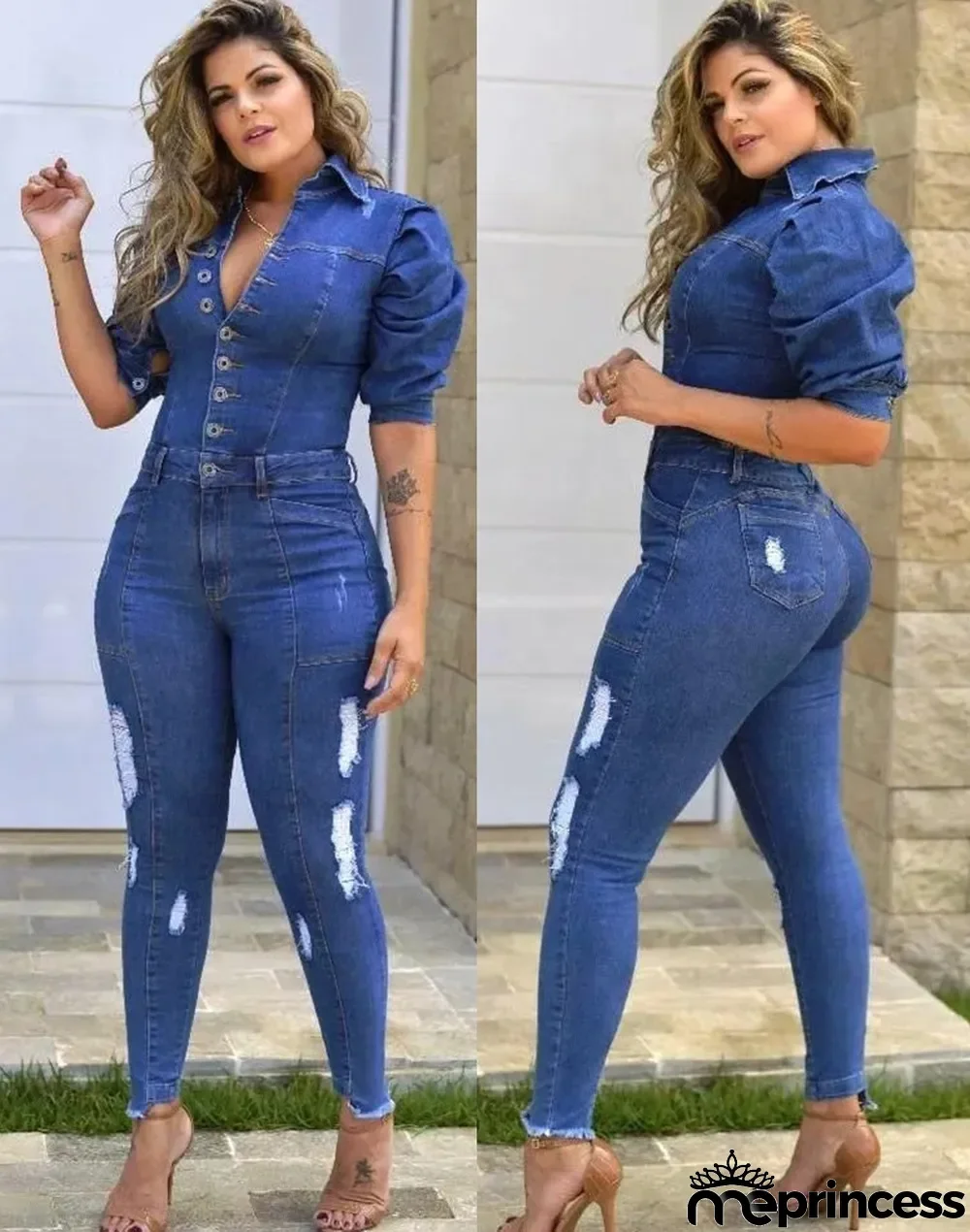 Summer Blue Button Up Short Sleeves Ripped Denim Jumpsuit