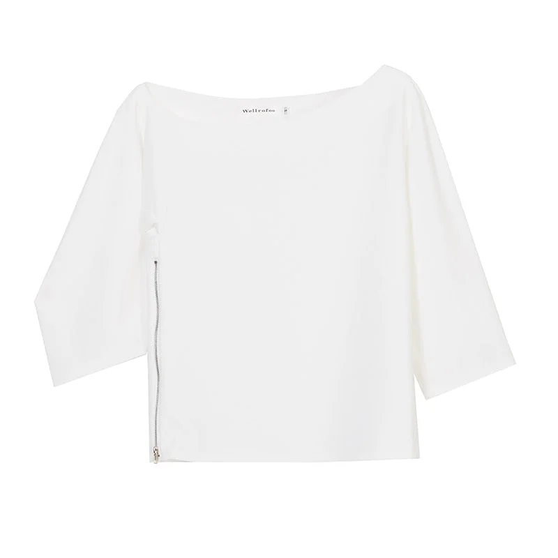 [EAM] Women White Elegant Blouse New Skew Collar Three-quarter Sleeve Loose Fit Shirt Fashion Tide Spring Summer 2021 1W426