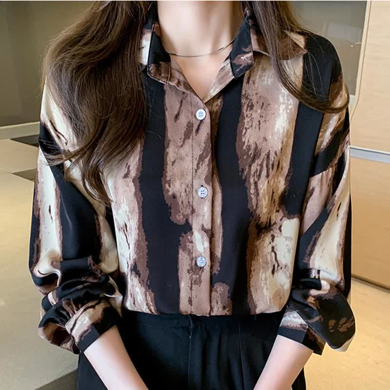 Vintage Ink Painting Long Sleeve Lapel Shirt Workwear