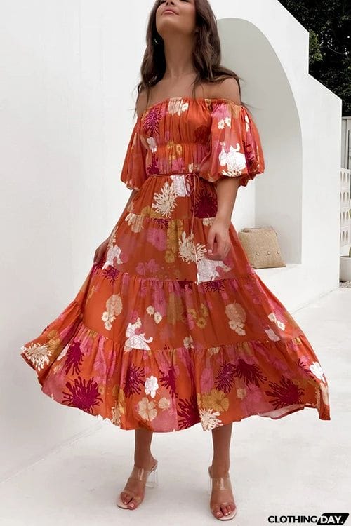 Floral Off Shoulder Shirring Maxi Dress