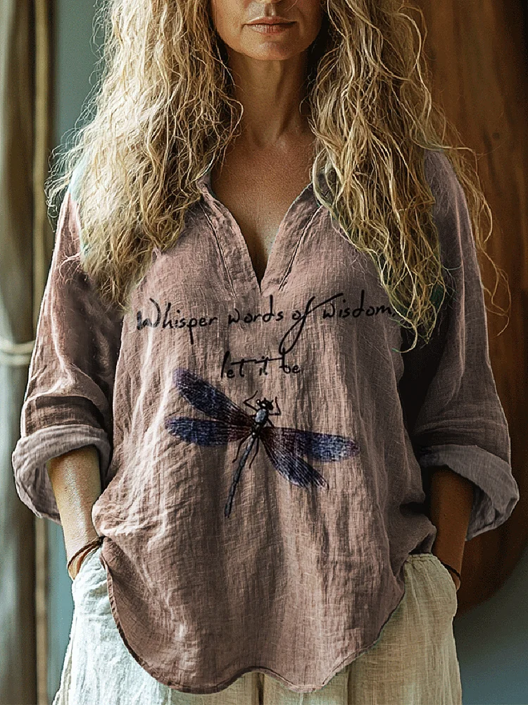Women's Whisper Words Of Wisdom Let It Be Dragonfly Art Print Casual Linen V Neck Shirt