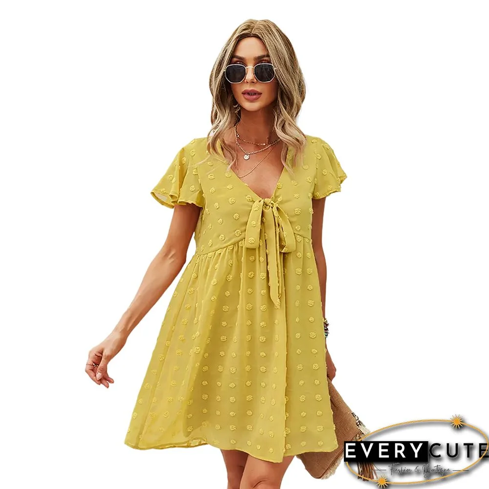 Yellow V Neckline Bowknot Front Mini Dress