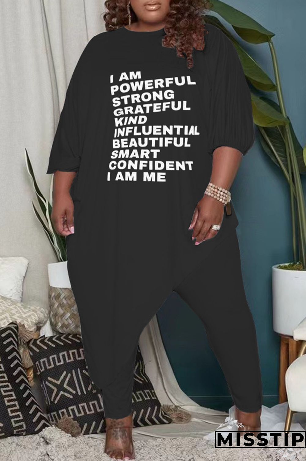 Black Casual Letter Print Asymmetrical O Neck Plus Size Two Pieces