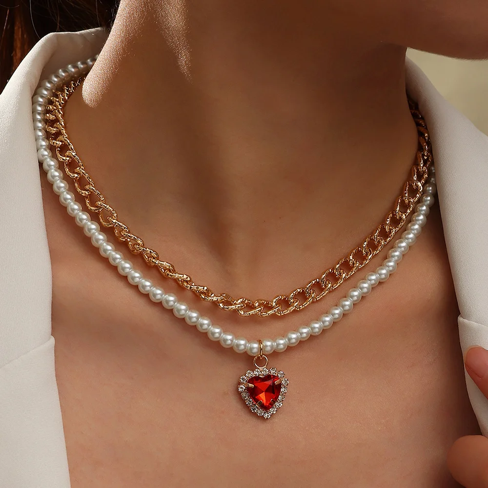 All-match love metal pearl love stacking necklace