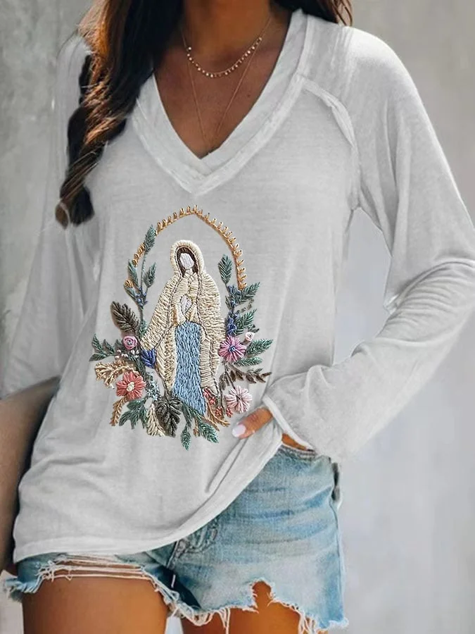Women's Christian Our Lady Floral Printed V-neck T-shirt
