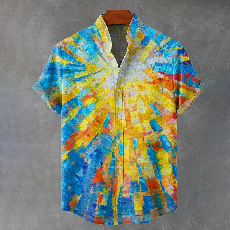 Vintage Geometric Color Blocking Sun Pattern Art Print Casual Cotton Shirt  artssus