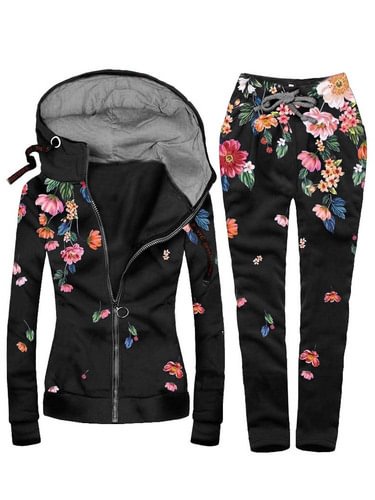 Casual Floral Hooded Jacket Coat Sport Pants Set