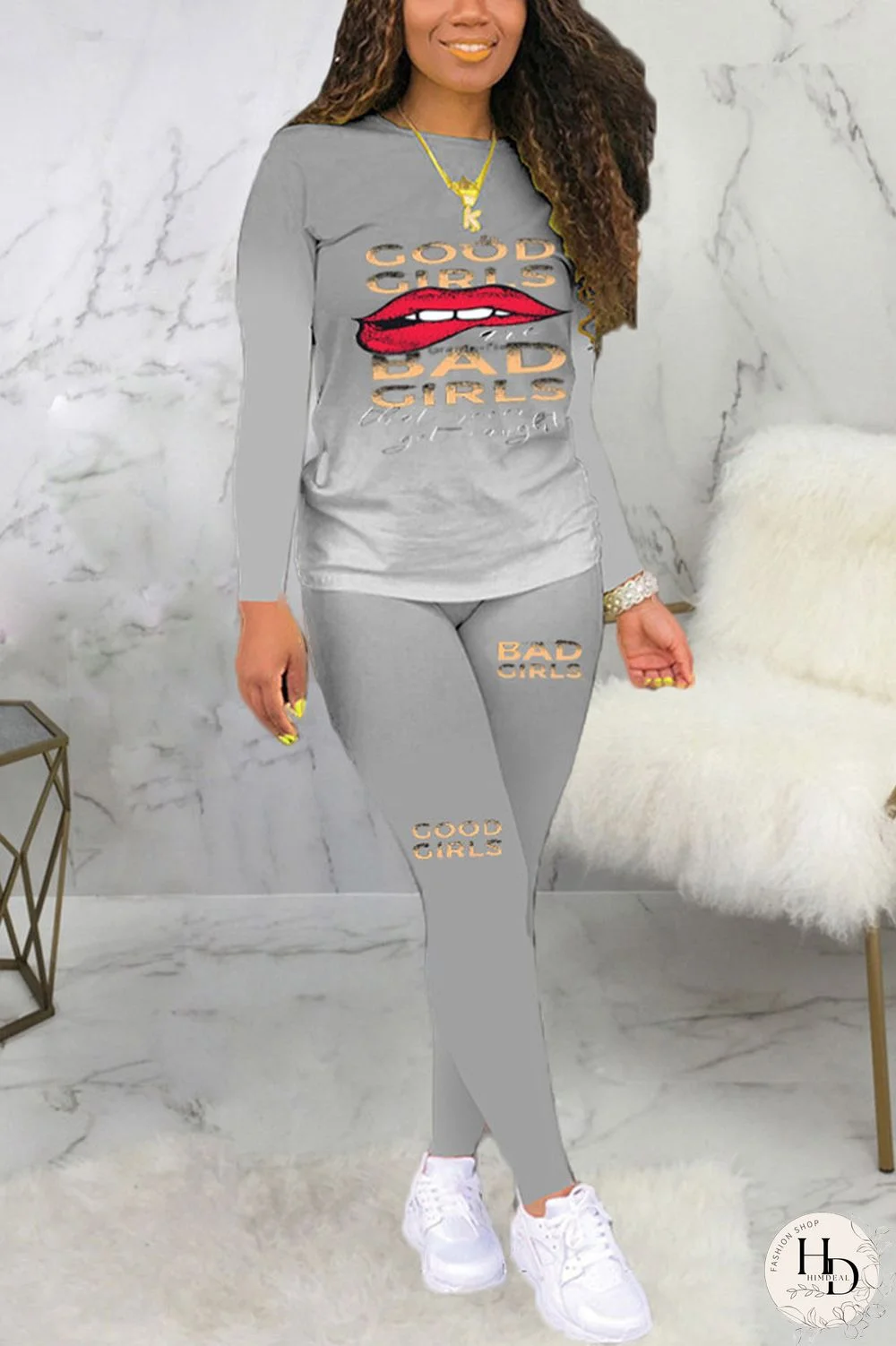 Grey Sexy Print Long Sleeve Two Pieces