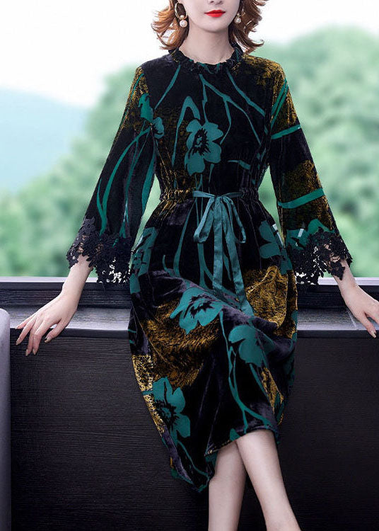 VCSHOES Green Cinched Jacquard Silk Velour Long Dress Spring