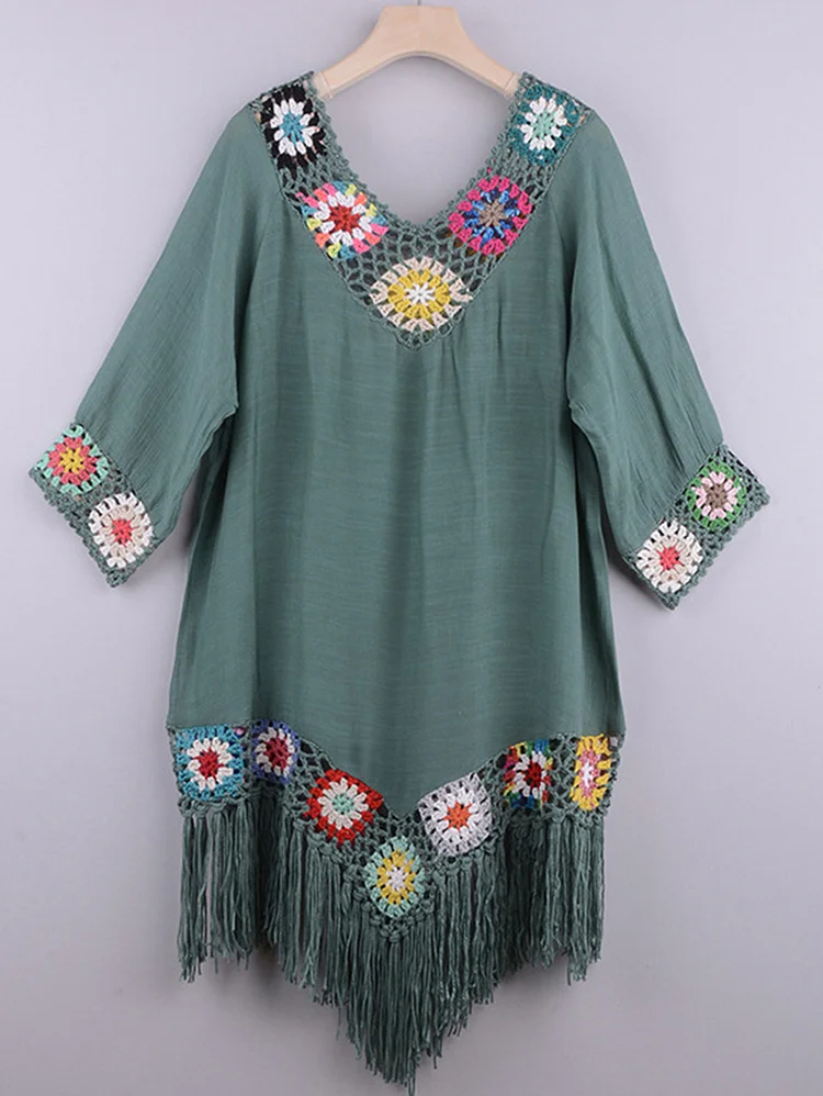 Swimsuit Flower Crochet Hollow Out Beach Fringe Cover Up