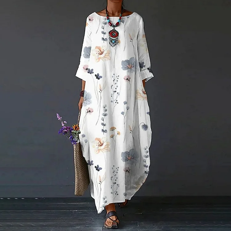 Women's Floral Print Loose Cotton Linen Maxi Dress