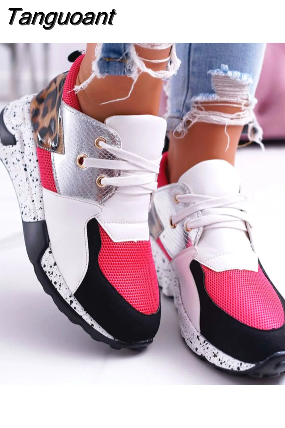 Tanguoant Women Autumn Wedges Lace-Up Printed Sneakers Patchwork Thick Bottom Sports Running Shoes Casual Ladies Vulcanized Footwear
