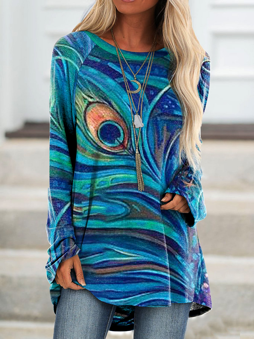 Peacock Feather Print Round Collar Long Sleeve T-shirt