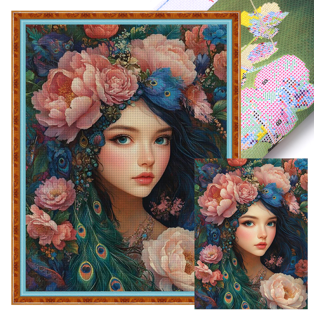 Peacock Girl Full 14CT Pre-stamped Canvas(45*60cm) Cross Stitch