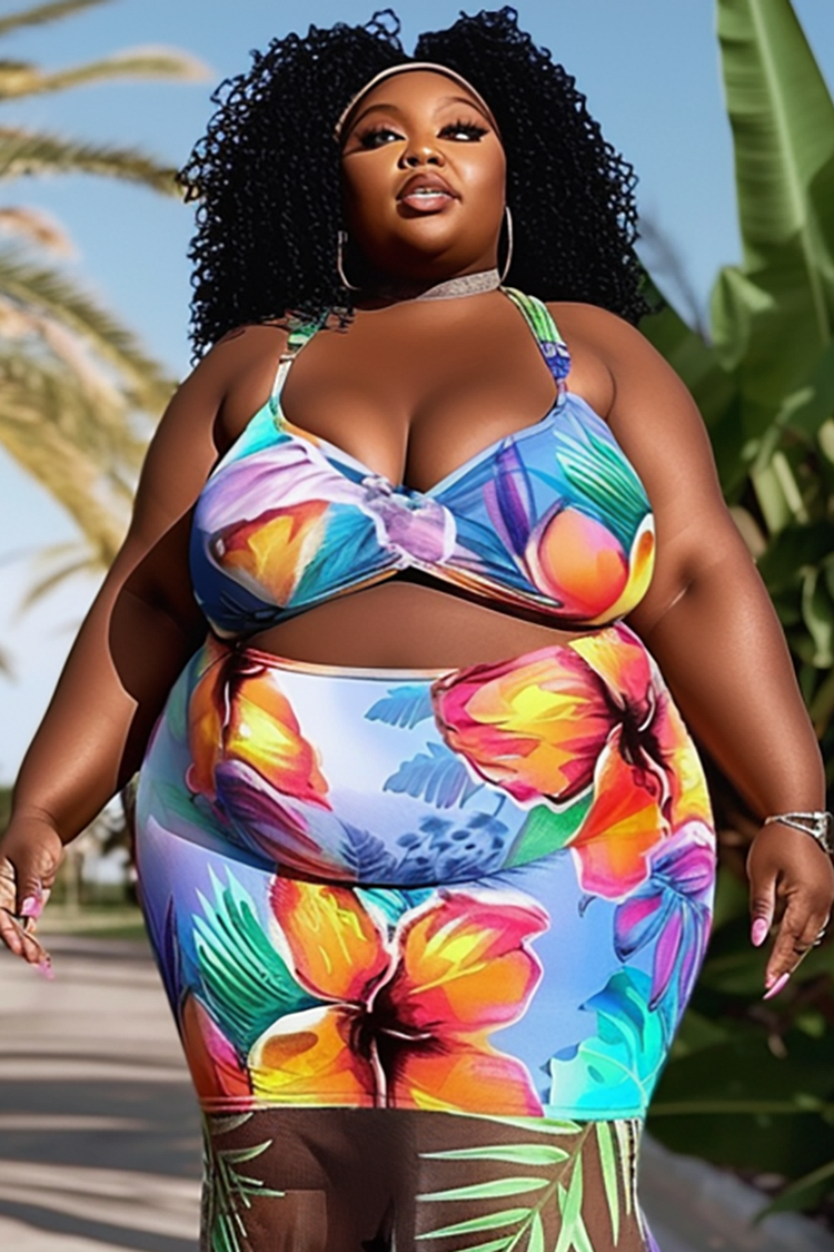 Xpluswear Design Plus Size Beach Multicolor Tropical Print V Neck Bikini Tops